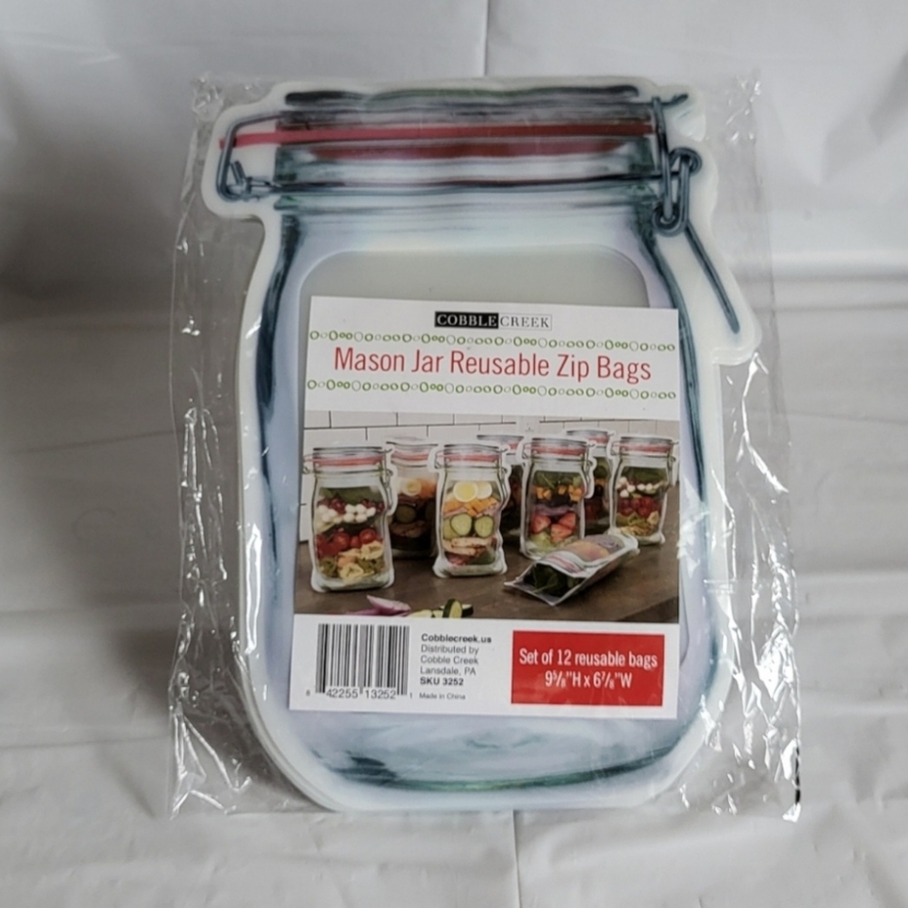 NEW Cobble Creek Mason Jar Reusable Zip Bags - Set of 12
